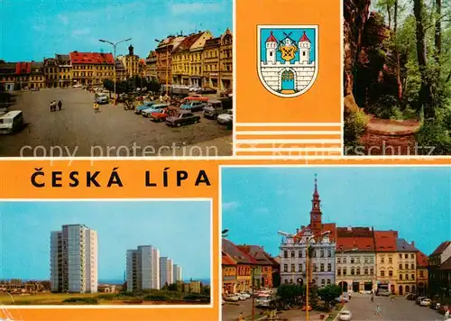 AK / Ansichtskarte Ceska_Lipa_Boehmisch_Leipa_CZ Stadtzentrum Platz Innenstadt Wohnsiedlung Hochhaeuser Waldpartie 