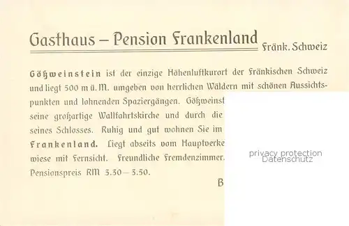 AK / Ansichtskarte Goessweinstein Gasthaus Pension Frankenland Informationen Goessweinstein
