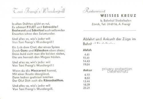 AK / Ansichtskarte Zuerich_ZH Toni Frangis Wundergrill Innenansicht   Restaurant Weisses Kreuz Aussenansicht Zuerich_ZH