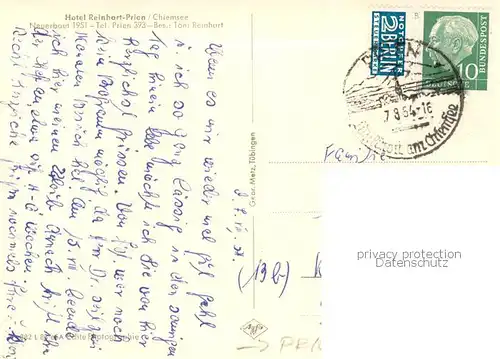 AK / Ansichtskarte Prien_Chiemsee Hotel Reinhart Prien Aussenansicht m. Chiemsee Prien Chiemsee