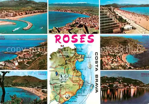 AK / Ansichtskarte Roses_Costa_Brava Diversas vistas Kuestenpanorama Strand Landkarte Roses_Costa_Brava