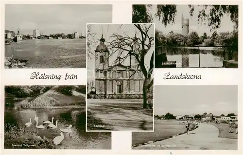 AK / Ansichtskarte Landskrona_Sweden Hamnen Svanar i Vallgraven Kyrkan Strandbaden vid Borstahusen Svandammen 