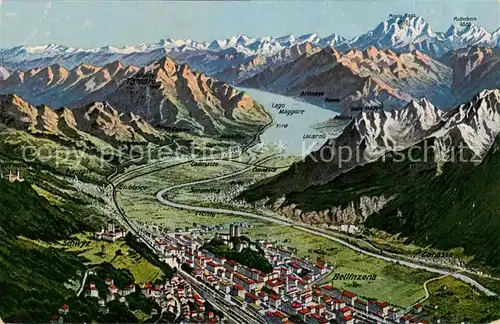 AK / Ansichtskarte Bellinzona Gesamtansicht m. Panorama u. Lago Maggiore Bellinzona