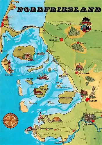 AK / Ansichtskarte Husum__Nordfriesland Landkarte Westkueste Schleswig Holstein Nordseeinseln 