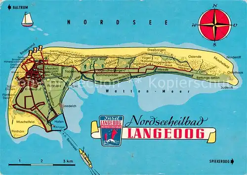 AK / Ansichtskarte Langeoog_Nordseebad Landkarte Nordseeinsel Kompass Langeoog_Nordseebad