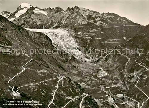 AK / Ansichtskarte Grimsel_Pass Grimsel und Furkastrasse mit Gletsch und Rhonegletscher Grimsel Pass