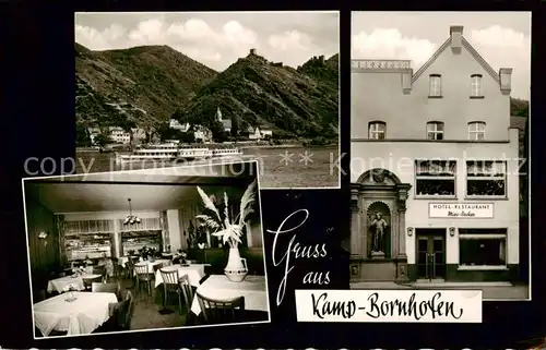 AK / Ansichtskarte Kamp Bornhofen_Rhein Hotel Restaurant Mies Becker Innen  u. Aussenansicht m. Rhein Ansicht 