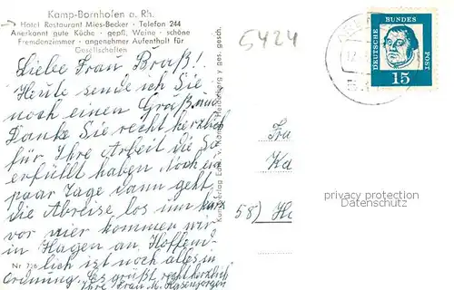AK / Ansichtskarte Kamp Bornhofen_Rhein Hotel Restaurant Mies Becker Innen  u. Aussenansicht m. Rhein Ansicht 