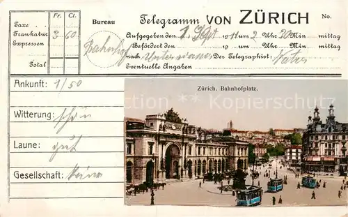 AK / Ansichtskarte Zuerich_ZH Telegramm Karte Bahnhofplatz  m. Strassenbahnen Zuerich_ZH