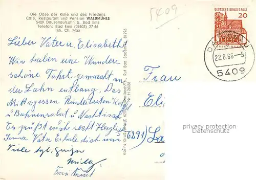 AK / Ansichtskarte Dausenau Cafe Restaurant Waldmuehle Aussenansicht m. Garten Dausenau