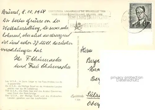 AK / Ansichtskarte Exposition_Universelle_Bruxelles_1958 U.S.A. der heilige Stuhl u. die Arabische Laender 
