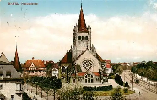 AK / Ansichtskarte Basel_BS Pauluskirche Aussenansicht m. Strassenbahn Basel_BS