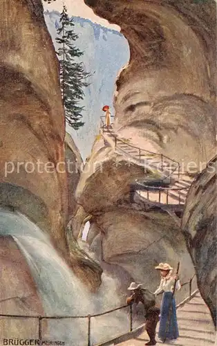 AK / Ansichtskarte Lauterbrunnen_BE Truemmelbachschlucht m. Besuchern   Kuenstlerkarte Bruegger Lauterbrunnen BE