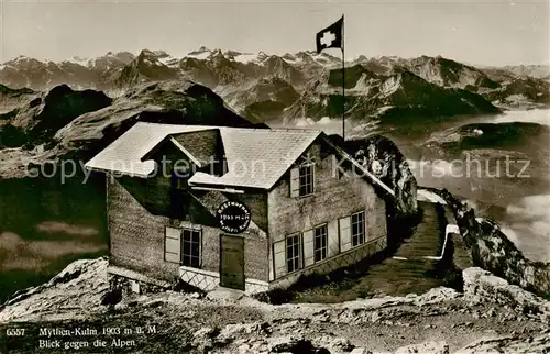 AK / Ansichtskarte Mythen Kulm_SZ Berghaus   Alpen Panorama 