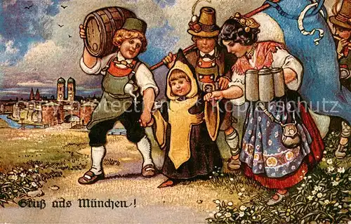 AK / Ansichtskarte  Muenchen Froehlicher Umzug mit Bierbrauer Kind und Bedienung Illustration Muenchen