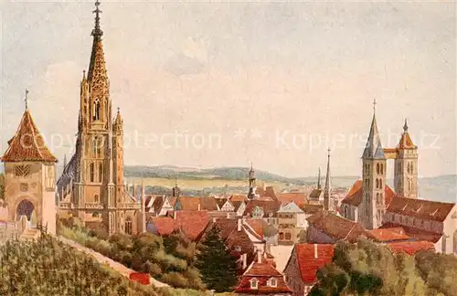 AK / Ansichtskarte  Esslingen__Neckar Stadtbild mit Kirchen J. Marschall Kuenstlerkarte 