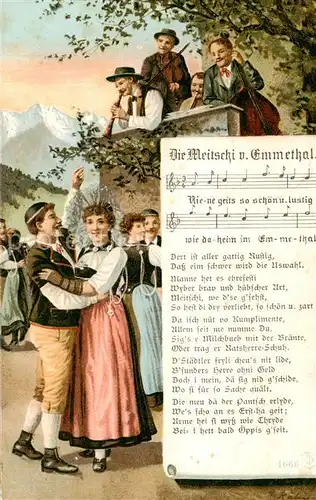 AK / Ansichtskarte Kiesen Lied Die Meitschi und Emmethal Paare in Trachten Tanz Kiesen