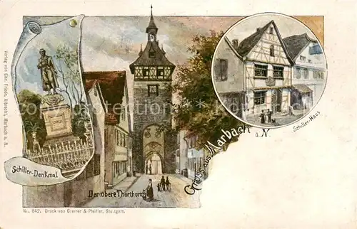 AK / Ansichtskarte 73795099 Marbach__Neckar Oberer Torturm - Schiller-Haus - Schiller-Denkmal 