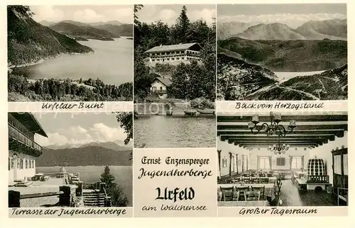 AK / Ansichtskarte  Urfeld_Walchensee Urfelder Bucht Jugendherberge Urfeld Blick vom Herzogstand Terrasse der Jugendherberge Grosser Tagesraum Urfeld Walchensee