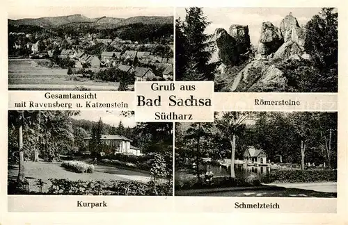 AK / Ansichtskarte 73795465 Bad_Sachsa_Harz Panorama mit Ravensberg und Katzenstein Roemersteine Kurpark Schmelzteich Bad_Sachsa_Harz