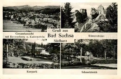 AK / Ansichtskarte  Bad_Sachsa_Harz Panorama mit Ravensberg und Katzenstein Roemersteine Kurpark Schmelzteich Bad_Sachsa_Harz