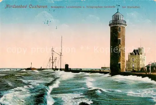AK / Ansichtskarte 73795548 Cuxhaven_Nordseebad Semaphor Leuchtturm und Telegraphen Gebaeude bei Sturmflut Cuxhaven_Nordseebad