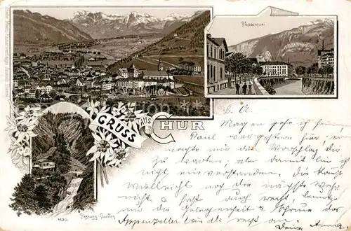 AK / Ansichtskarte Chur_GR Panorama Alpenblick Plessurquai Passug Quellen Wasserfall Litho Chur_GR