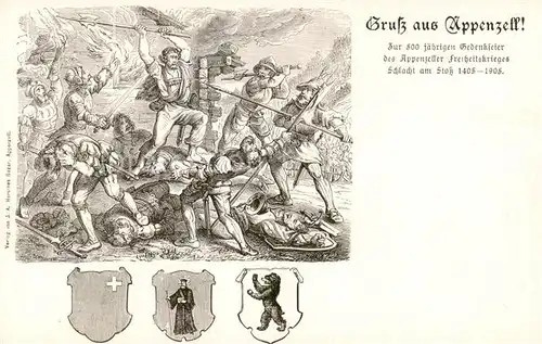 AK / Ansichtskarte Appenzell_IR Zur 500jaehrigen Gedenkfeier des Appenzeller Freiheitskrieges Schlacht am Stoss Kuenstlerkarte Appenzell IR