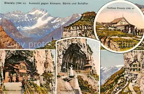 AK / Ansichtskarte Ebenalp_1641m_AI Aussicht gegen Altmann Saentis und Schaefler Bergwelt Appenzeller Alpen Gasthaus Wildkirchli Aescher 