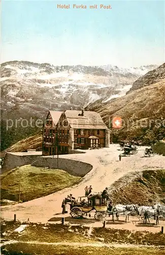 AK / Ansichtskarte Furka_2431m_UR Hotel Furka mit Post Kutsche 