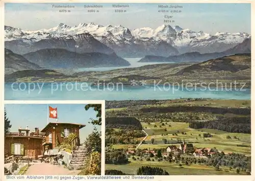 AK / Ansichtskarte Hausen_Albis Bergwirtschaft Albishorn Panorama Blick gegen Zugersee Vierwaldstaettersee und Berner Alpen Hausen Albis