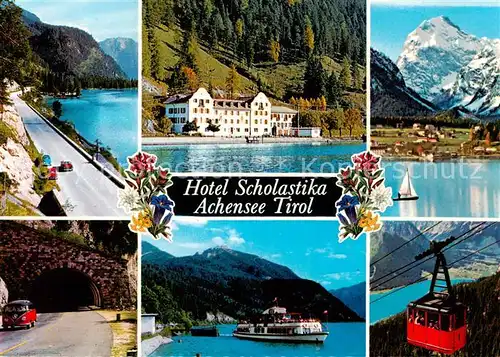 AK / Ansichtskarte 73796144 Achensee Hotel Scholastika Uferstrasse Fahrgastschiff Seilbahn Achensee