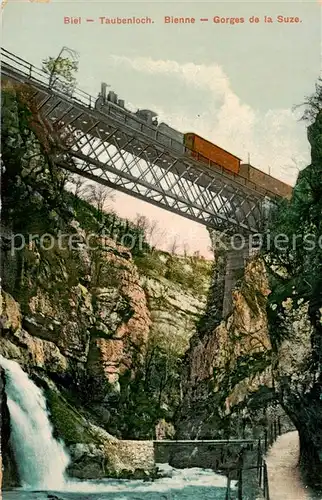 AK / Ansichtskarte Biel_Bienne Wasserfall Taubenlochschlucht Eisenbahnbruecke Gorges de la Suze Pont de chemin de fer Biel Bienne