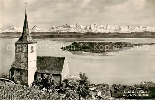 AK / Ansichtskarte Ligerz Motiv mit Kirche St. Petersinsel Alpenpanorama Ligerz