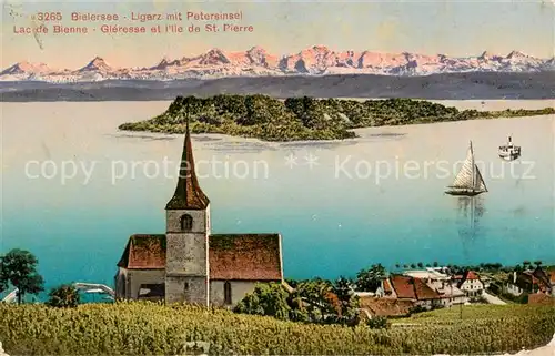 AK / Ansichtskarte Ligerz Motiv mit Kirche St. Petersinsel Alpenpanorama Ligerz