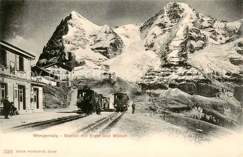 AK / Ansichtskarte Wengernalp_Wengen_BE Station mit Eiger und Moench Berner Alpen 