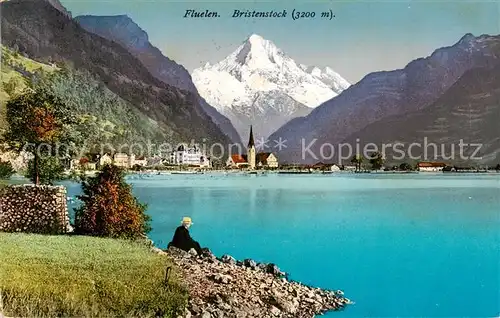 AK / Ansichtskarte Flueelen_UR Uferpartie am Vierwaldstaettersee Blick gegen Bristenstock Glarner Alpen Flueelen_UR