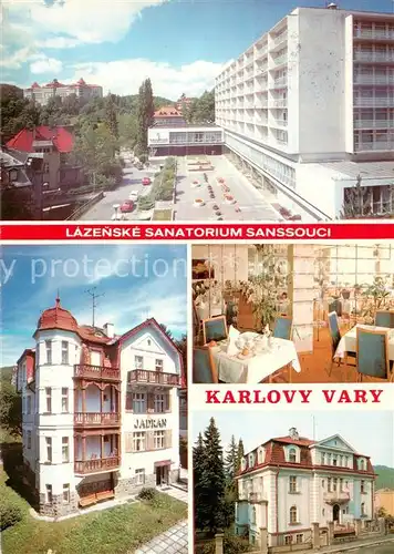 AK / Ansichtskarte  Karlovy_Vary_Karlsbad Lazenske Sanatorium Sanssouci Lazensky dum Jadran Jidelna sanatoria Sansscouci Lazensky dum Mercedes 