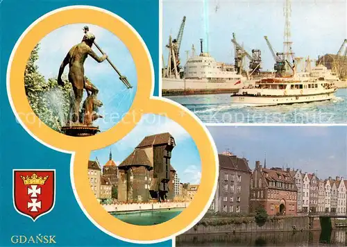 AK / Ansichtskarte  Gdansk_Danzig_PL Fontanna Neptuna Port Nabrzeze lecia PRL Zuraw Widok od strony Motlawy 