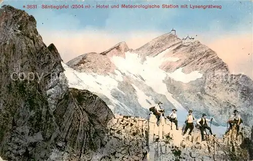 AK / Ansichtskarte Saentis_2504m_AR Saentisgipfel Hotel Meteorologische Station mit Lysengratweg Bergsteiger 