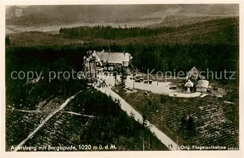 AK / Ansichtskarte  Auersberg_Wildenthal_Erzgebirgskreis mit Bergbaude Original Fliegeraufnahme 