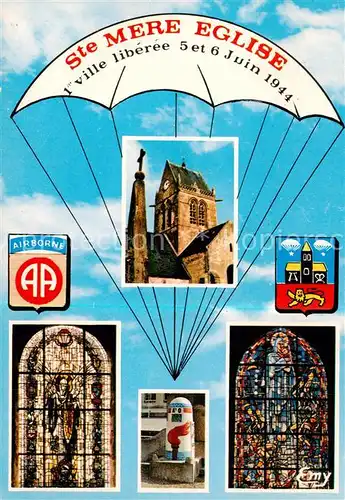 AK / Ansichtskarte Sainte Mere Eglise Le clocher de leglise Vitrail commemoratif offert par les veterans de la 82e Airborne Division Sainte Mere Eglise