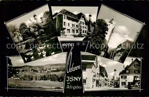 AK / Ansichtskarte  Isny_Allgaeu Hotel Ochsen Schwanenteich Panorama Ortsansicht mit Kirche Isny Allgaeu