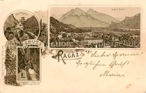 AK / Ansichtskarte Ragaz_Bad_SG Panorama Alpen Bad Pfaeffers Taminaschlucht Litho 