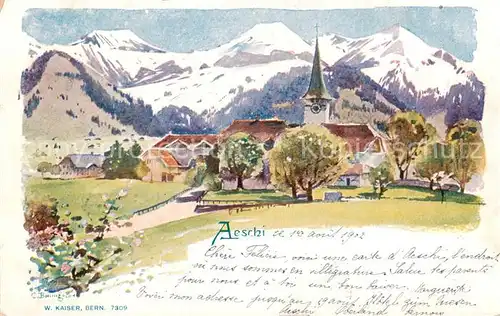 AK / Ansichtskarte Aeschi_BE Ortsmotiv mit Kirche Alpen Kuenstlerkarte Aeschi_BE