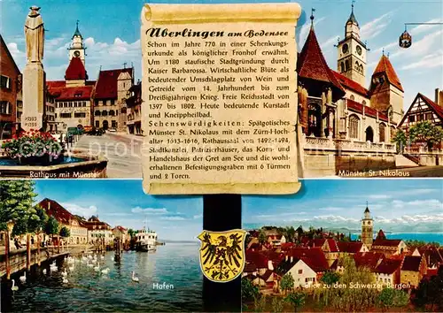 AK / Ansichtskarte 73797601 ueberlingen_Bodensee Rathaus Muenster St. Nikolaus Hafen Blick zu den Schweizer Bergen Chronik Wappen ueberlingen Bodensee