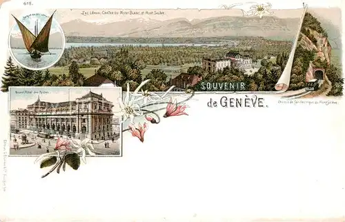 AK / Ansichtskarte Geneve_GE Panorama Lac Leman Chaine du Mont Blanc Barque Chemin de fer Hotel des Postes Litho Geneve_GE