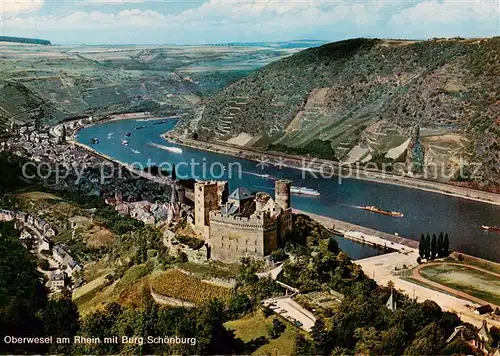 AK / Ansichtskarte  Oberwesel_Rhein Fliegeraufnahme mit Burg Schoenburg Oberwesel Rhein