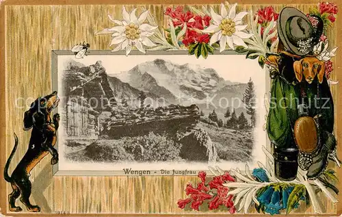 AK / Ansichtskarte 13798423 Wengen__BE Berghuette Blick gegen Jungfrau Berner Alpen Bilderrahmen Blumen Hund Feldflasche 