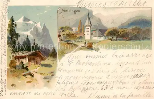 AK / Ansichtskarte 13798425 Meiringen_BE Ortsansicht mit Kirche Berghuette Alpen Kuenstlerkarte Meiringen BE